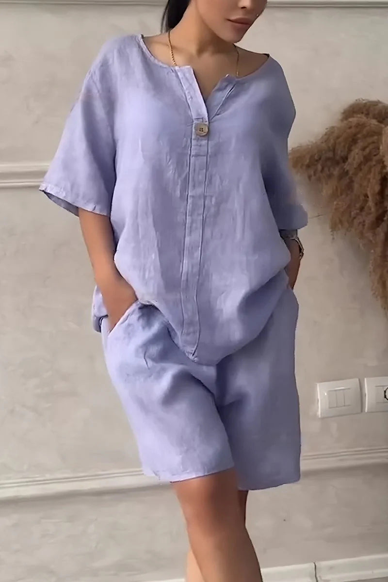 Casual losse damesblouse en hoog uitgesneden shortset - Maike