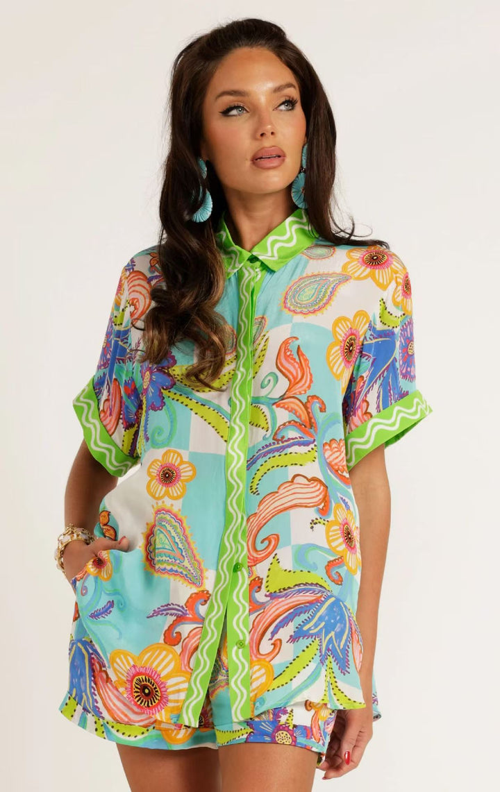 Bedrukte damesset met shirt en verstelbare short - Arvella