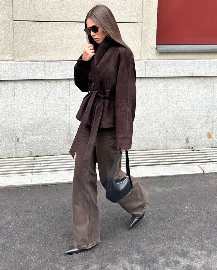 Retro suède jas met lange mouwen - Valentina