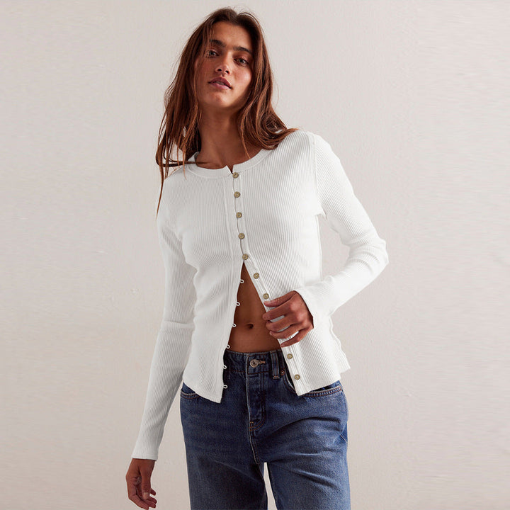 Damescardigan met geribbeld effect en knopen - Seliane