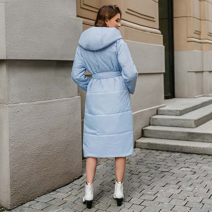 Lange gewatteerde damesjas met ceintuur - Catrina