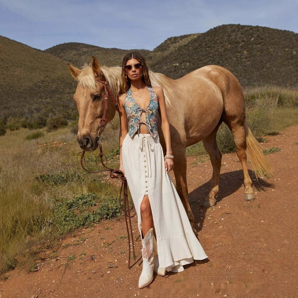 Soepel vallende, lange linnen damesrok met split voor - Martina