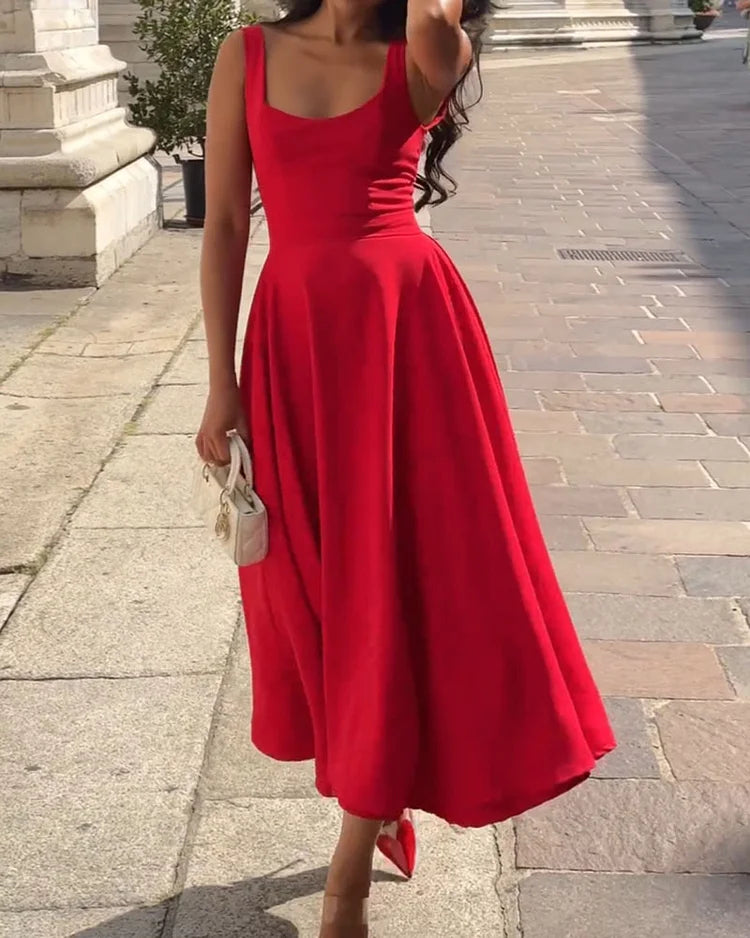 Kenia - Rode strakke midi-jurk met bandjes