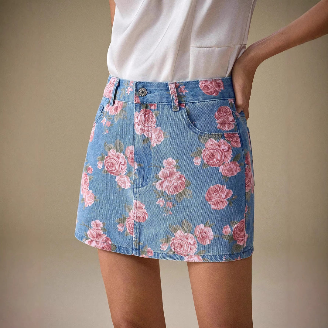 Damesdenimrok met bloemenprint en recht model - Letty