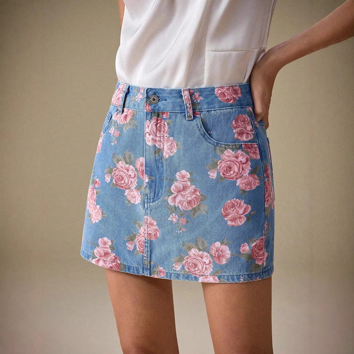 Damesdenimrok met bloemenprint en recht model - Letty
