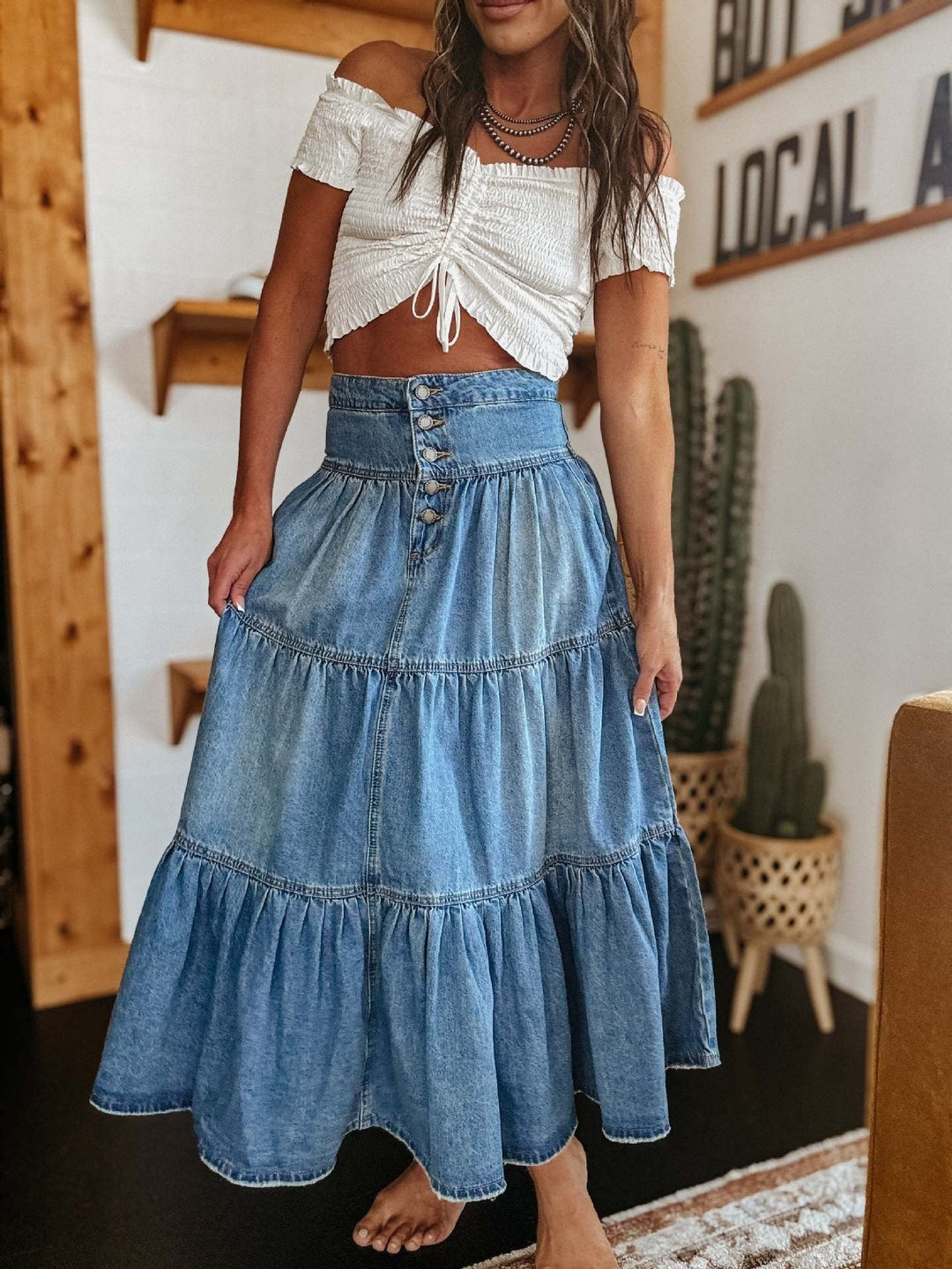 Lange denim damesrok met ruches bohemian stijl - Alaya