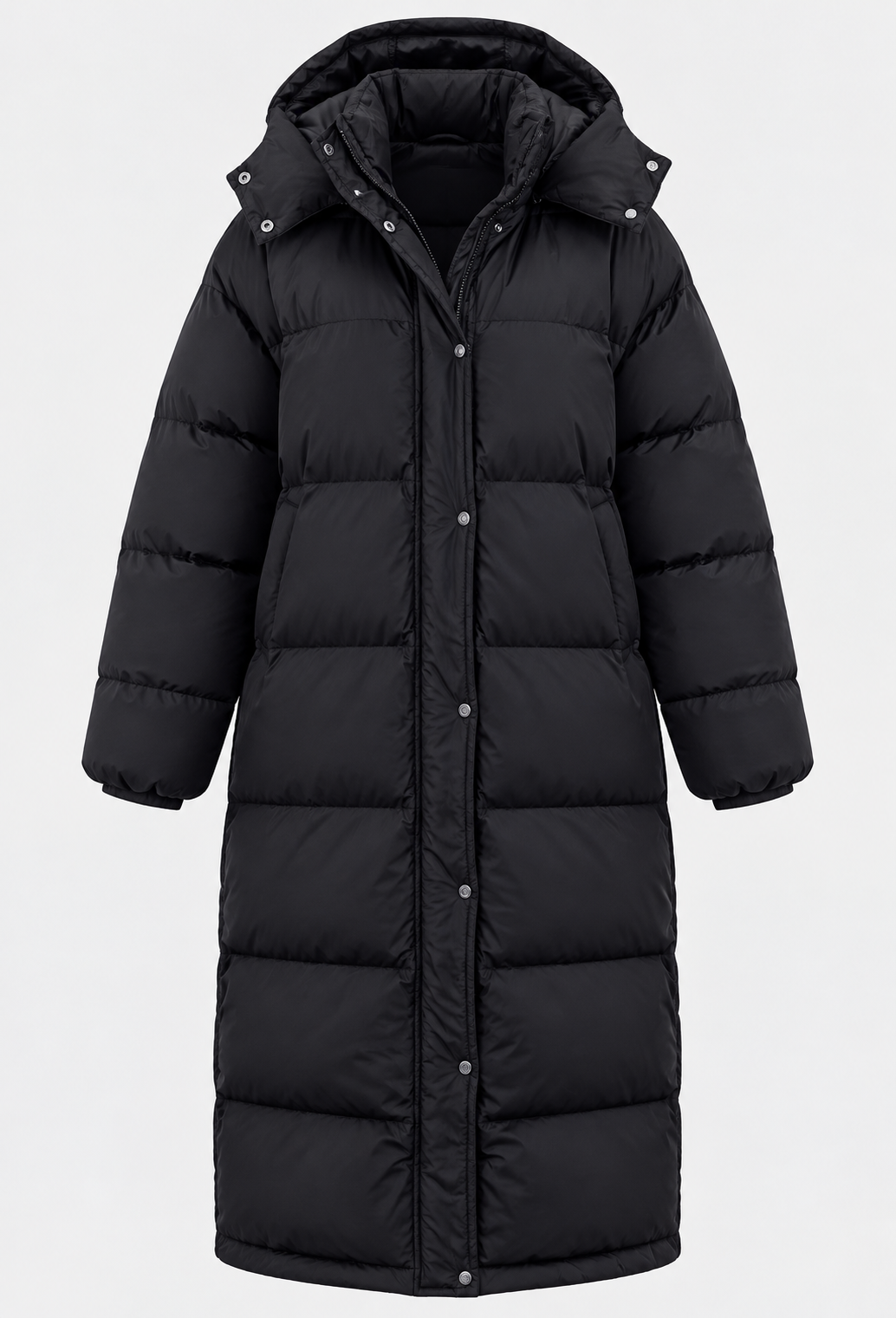 Lange gewatteerde damesjas oversized met capuchon en hoge hals - Selma