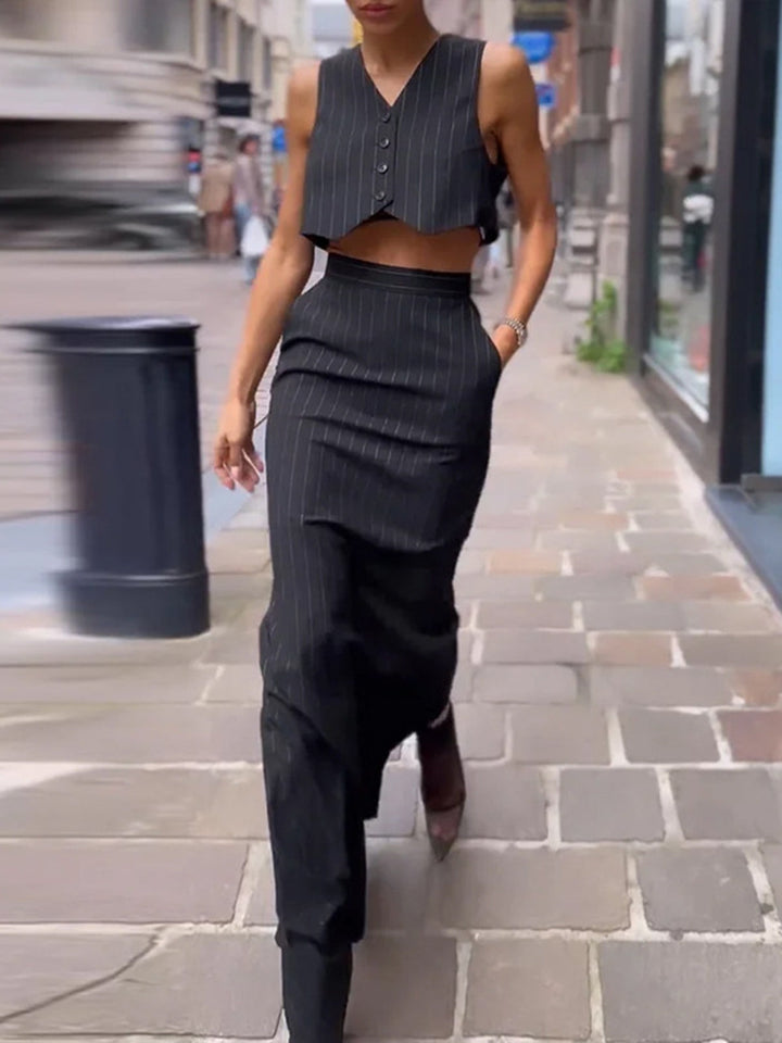 Gilda - Pinstripe Knoop Crop Tweedelige Rok Set