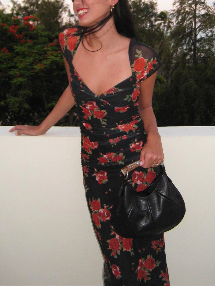 Júlia - Midi jurk met bloemenprint en ruches aan de zijkant