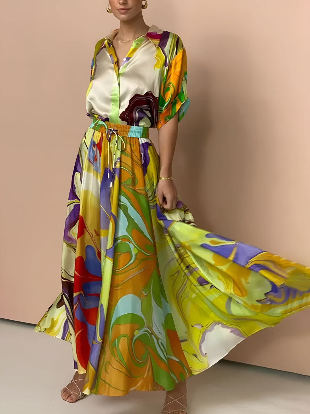 Samanta - Satijn print koord rok set