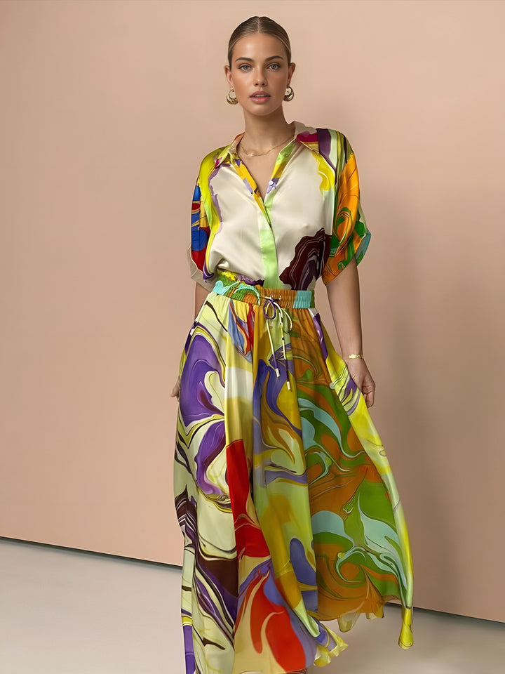 Samanta - Satijn print koord rok set