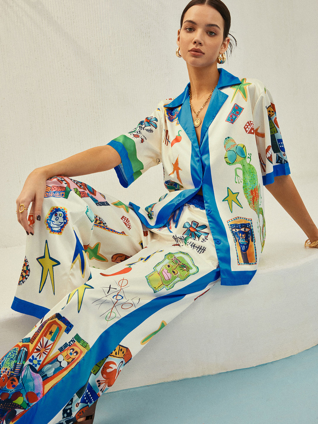 Selma - Broek met contrastbinding en print