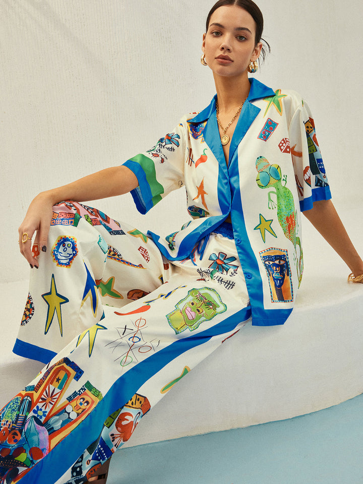 Selma - Broek met contrastbinding en print