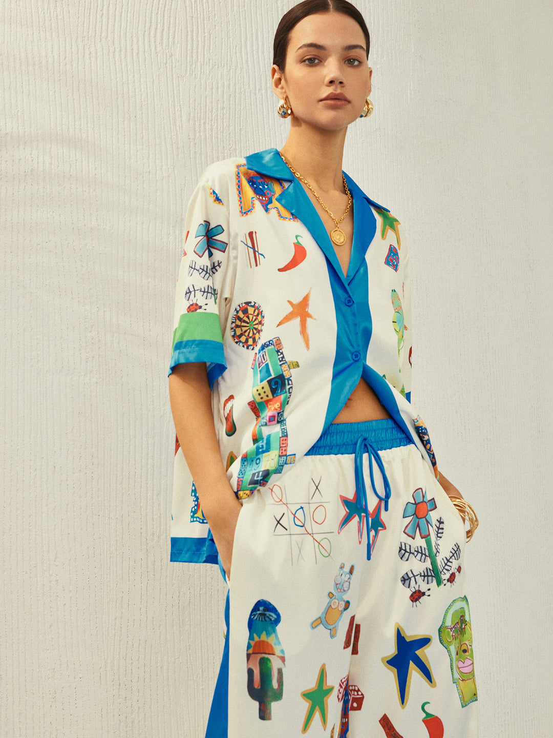 Selma - Broek met contrastbinding en print