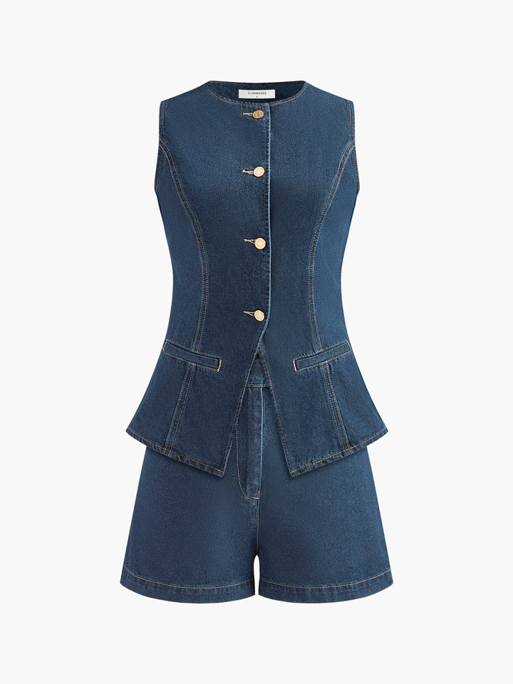 Saula - Denim Peplum Vest Met Korte Broek Set