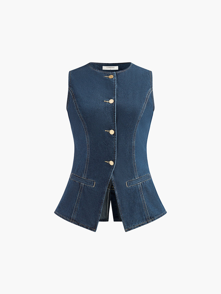 Saula - Denim Peplum Vest Met Korte Broek Set