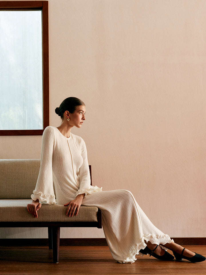 Jade - Semi-Sheer Piping Ruffle Drawstring Knit Dress