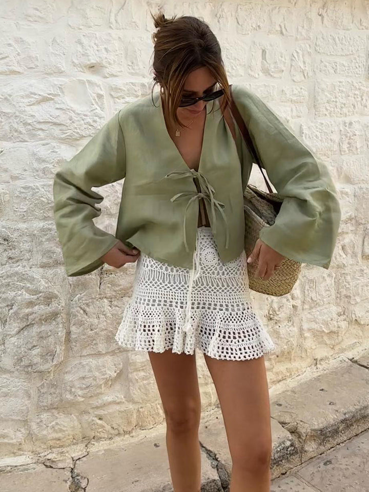 Madelyn - Oversized Blouse met lange mouwen en bandjes aan de voorkant