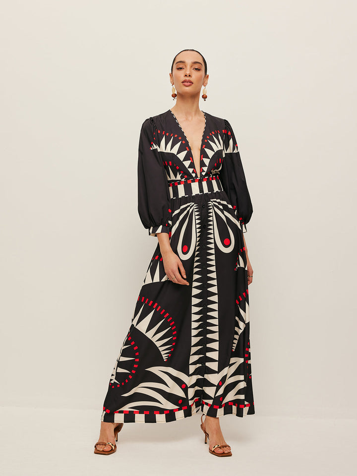 Dinah - Boho Print Splitjurk met V-hals