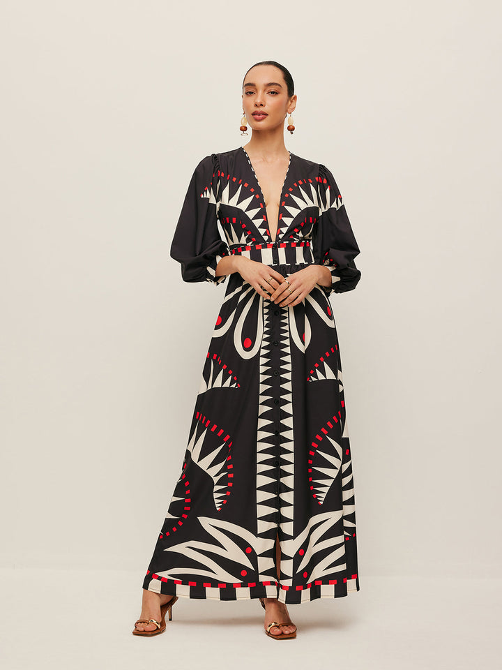 Dinah - Boho Print Splitjurk met V-hals