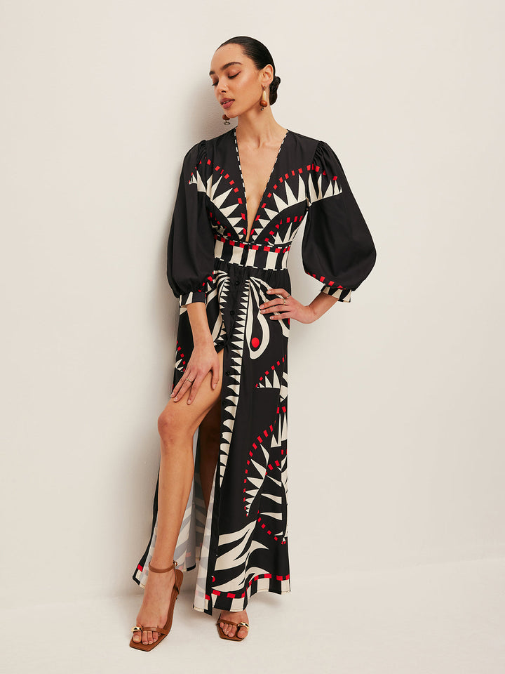 Dinah - Boho Print Splitjurk met V-hals