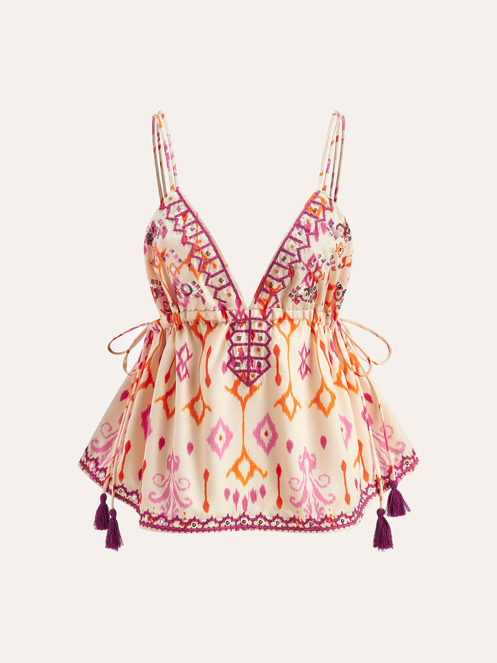 Nora - Geborduurde Boho Tassel Tie Cami Top
