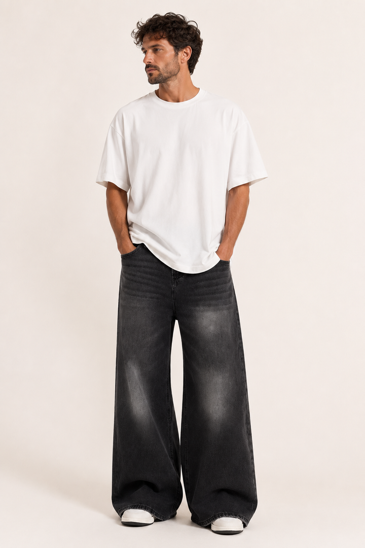 Retro baggy herenjeans met zeer wijde pijpen en vervaagde wassing - Klaus