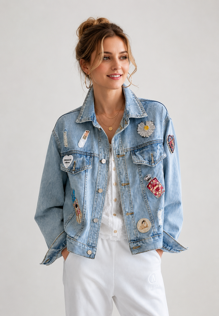 Korte damesjeansjas met patches en verwassen look - Odette