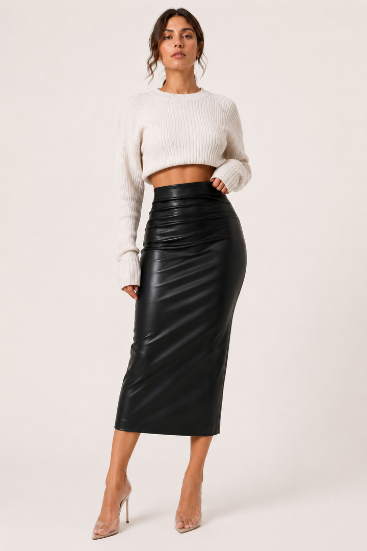 Midi-rok voor dames van PU met hoge taille en plooien - Siglinde