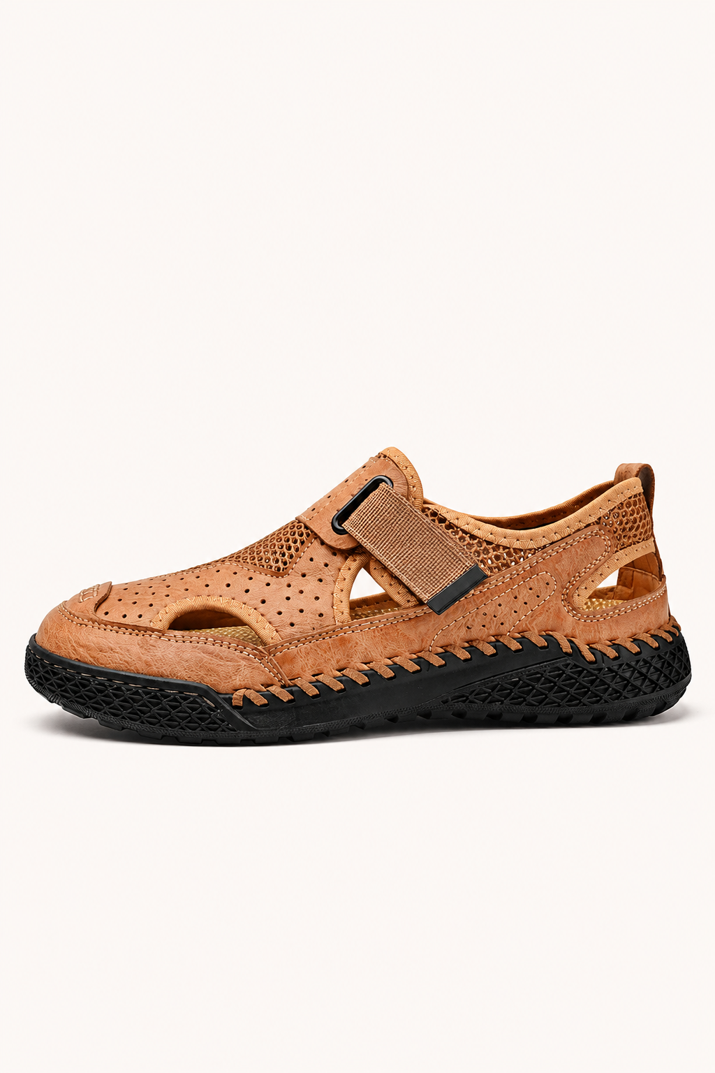 Gesloten herensandalen met perforaties en klittenband - Lorenz