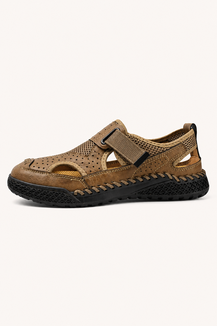 Gesloten herensandalen met perforaties en klittenband - Lorenz