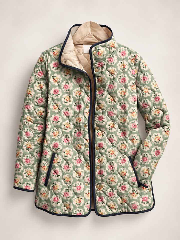 Gewatteerd damesjack met bloemenprint en contrasterende biezen - Lainey