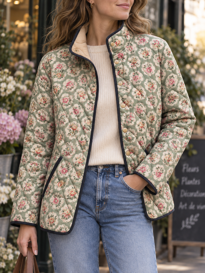 Gewatteerd damesjack met bloemenprint en contrasterende biezen - Lainey