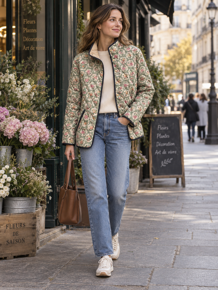 Gewatteerd damesjack met bloemenprint en contrasterende biezen - Lainey