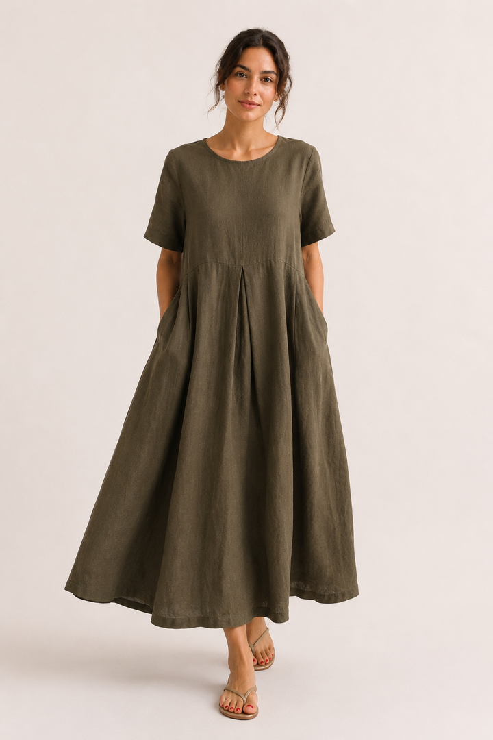Lange oversized jurk voor dames met korte mouwen en zakken - Gesine