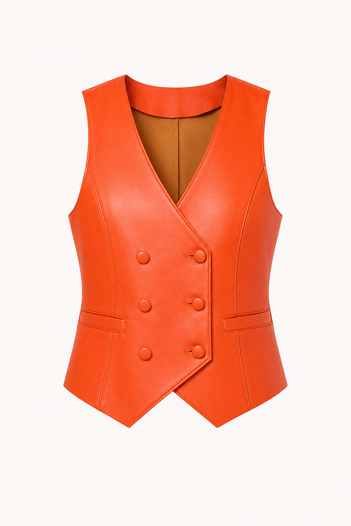 Damesvest met leerlook en gekruiste sluiting en V-hals - Elfriede