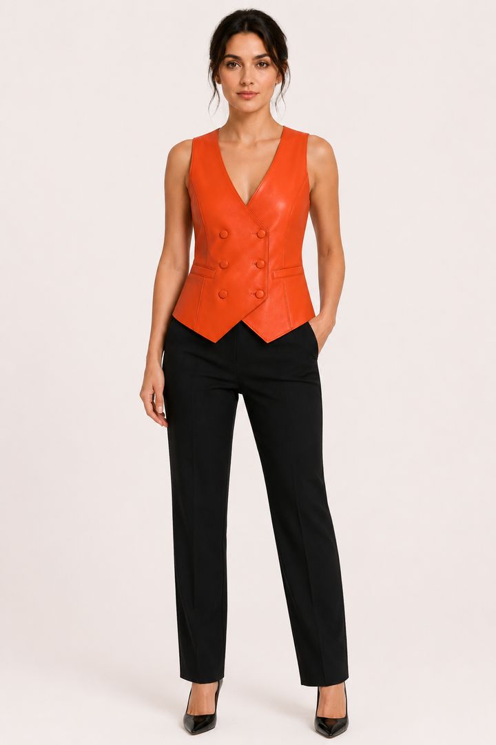 Damesvest met leerlook en gekruiste sluiting en V-hals - Elfriede