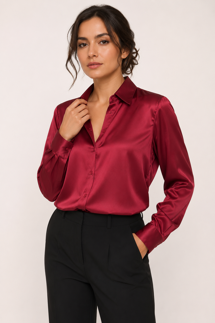 Satijnen damesblouse met lange mouwen en knoopsluiting aan de voorkant - Hannelore