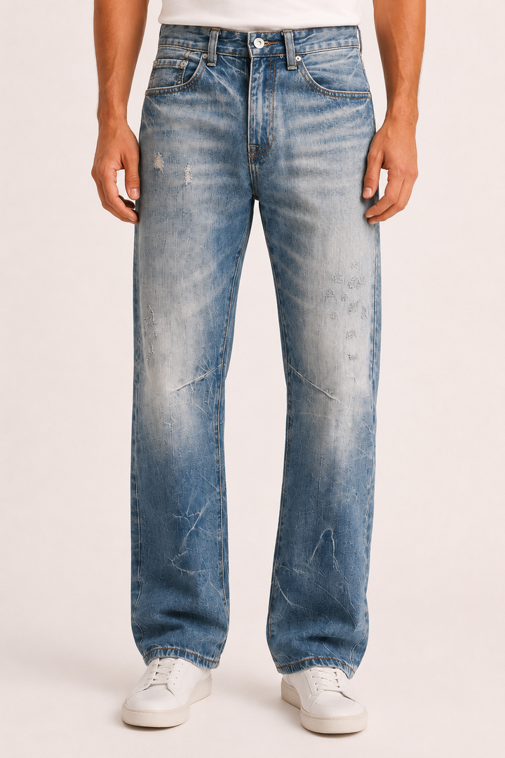 Herenjeans met rechte pijpen, gewassen look en slijtage-effecten - Wigbert