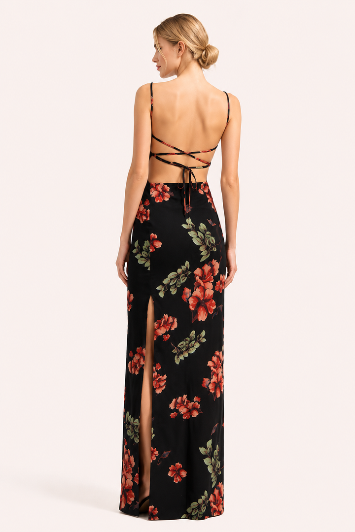 Lange jurk voor dames met bloemenprint en dunne bandjes - Frieda