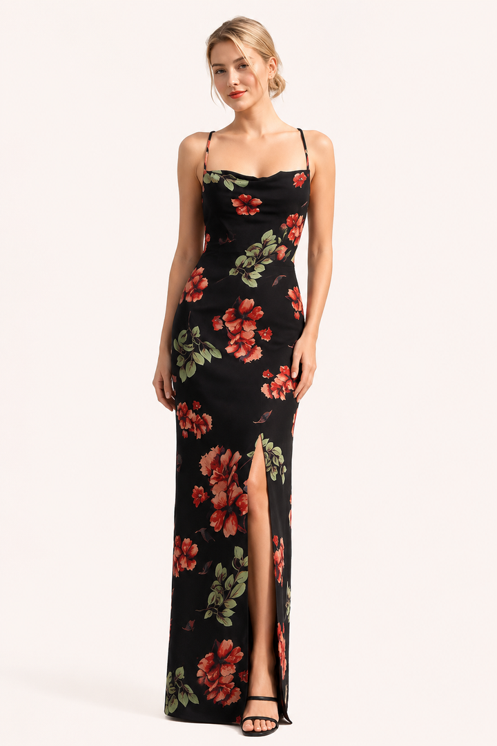 Lange jurk voor dames met bloemenprint en dunne bandjes - Frieda