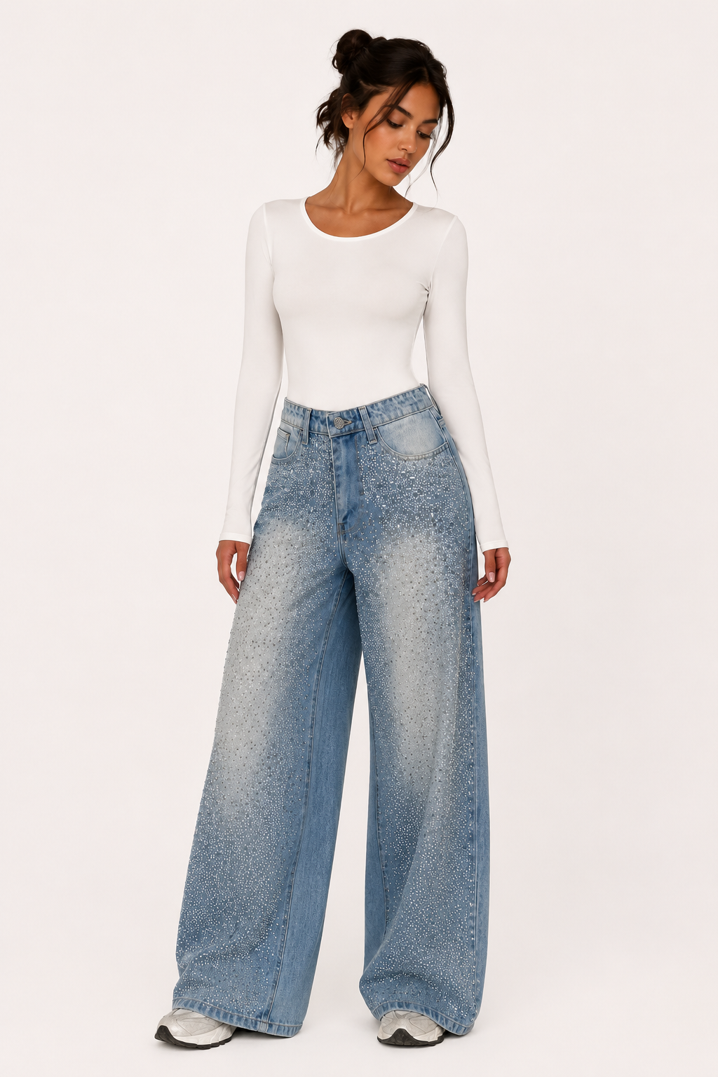 Damesjeans met wijde pijpen en strass - Wellen