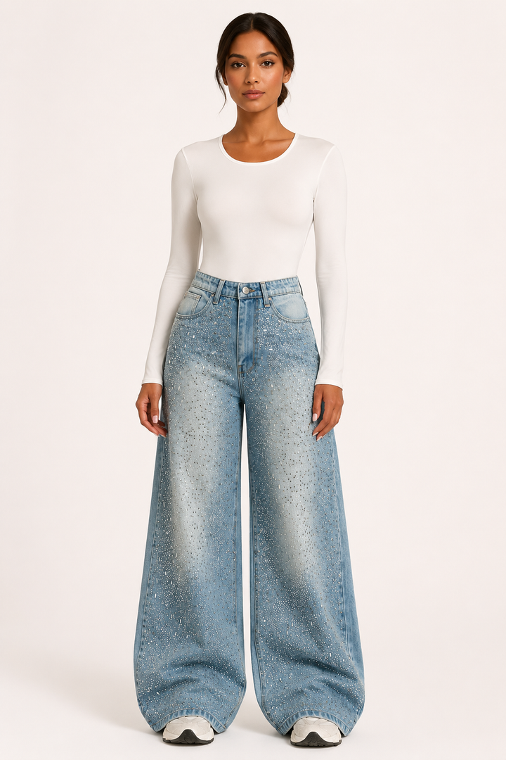 Damesjeans met wijde pijpen en strass - Wellen