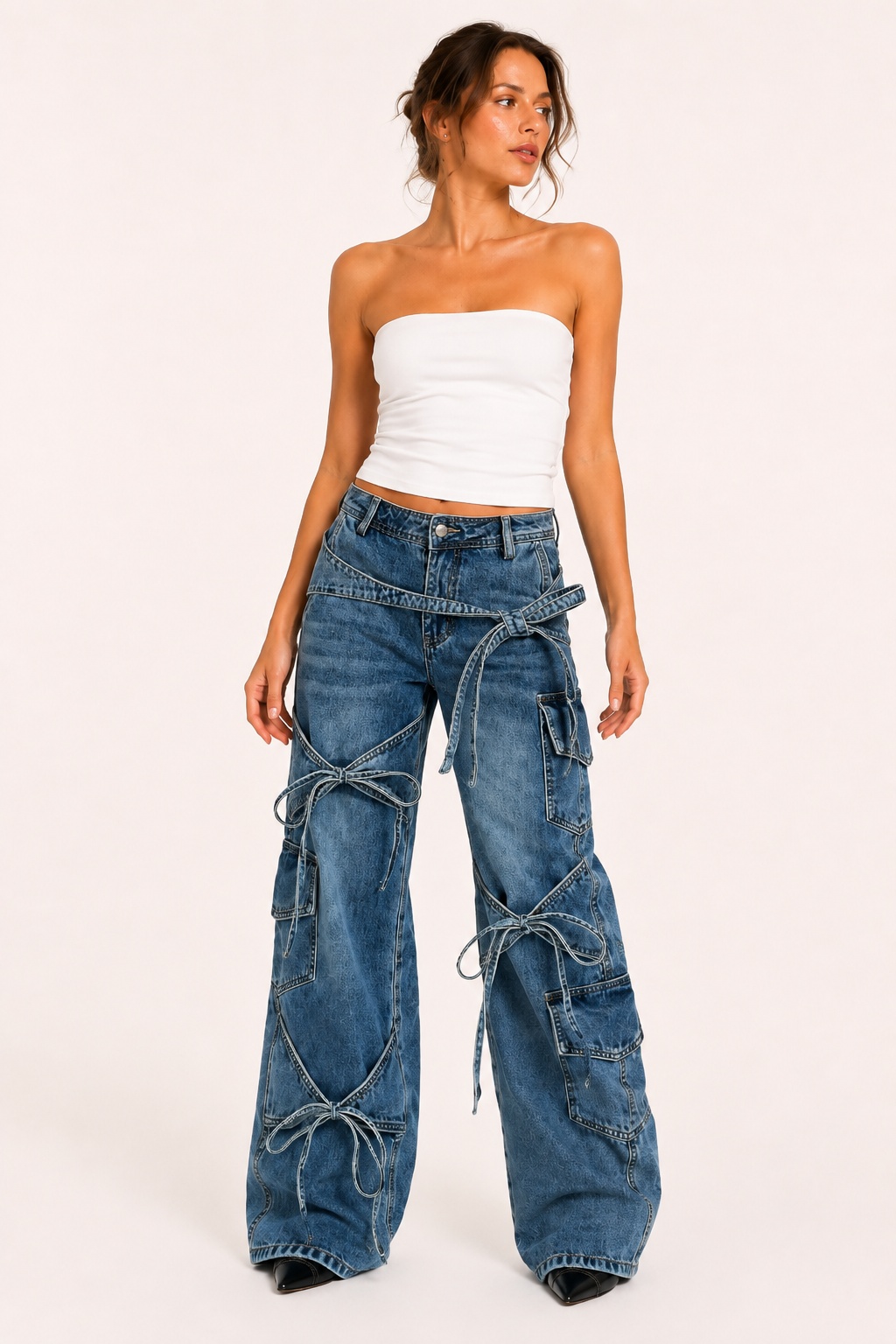Damesjeans met wijde pijpen en strikjes - Ida