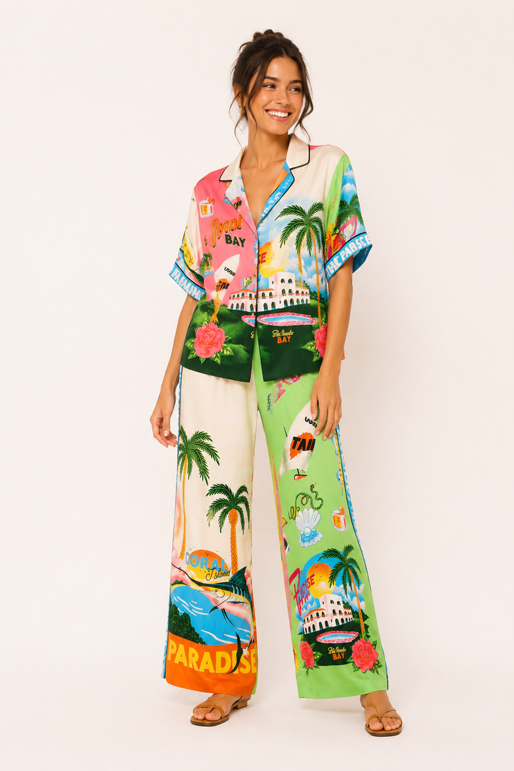 Set wijde damesbroeken met tropische print - Anika