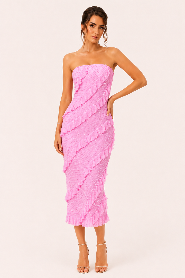 Strapless midi-jurk vrouw met ruches - Yina