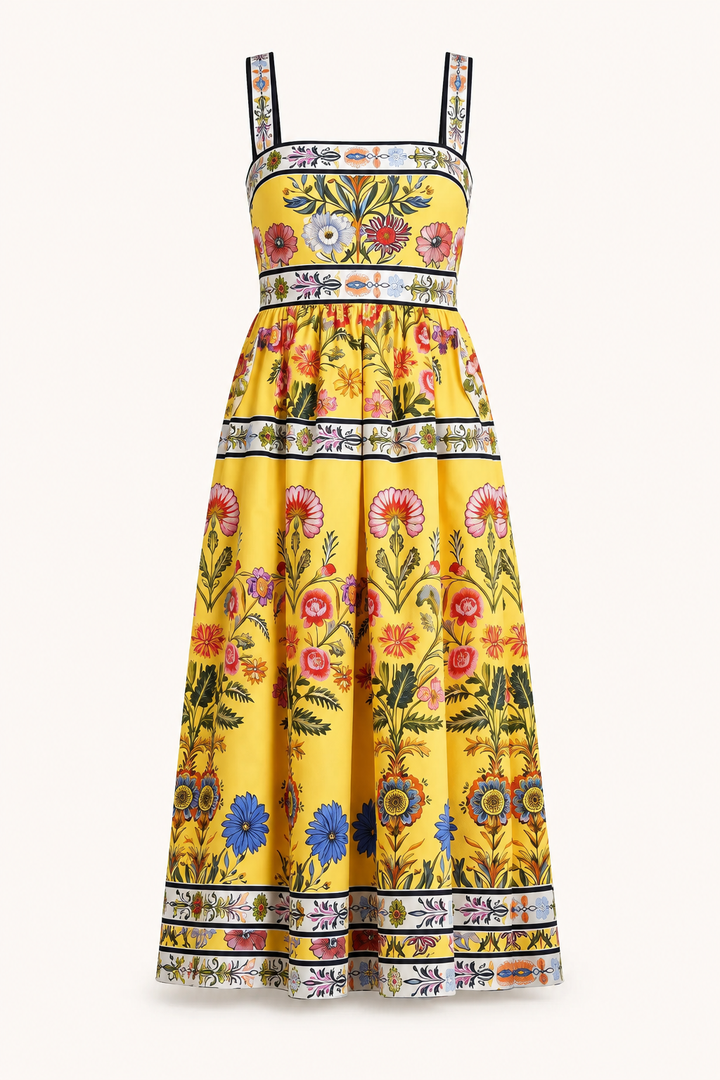Dames midi jurk met bloemen in hoge taille - Nele