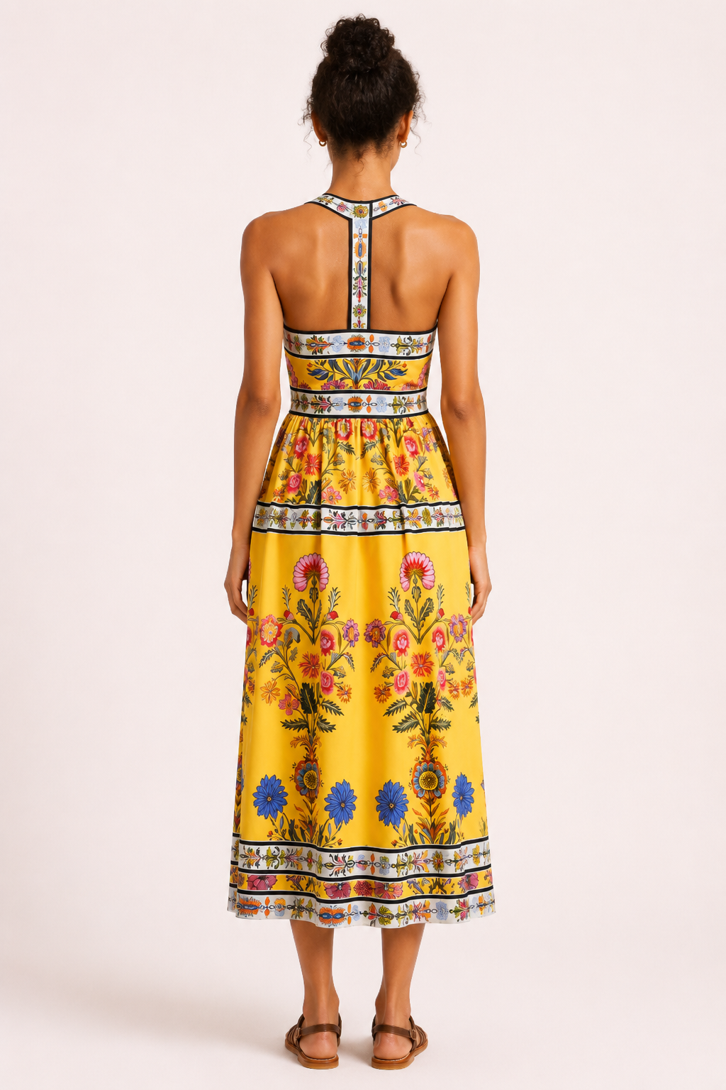 Dames midi jurk met bloemen in hoge taille - Nele