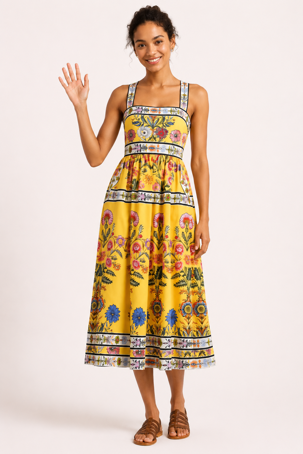 Dames midi jurk met bloemen in hoge taille - Nele