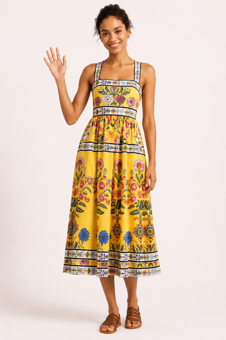 Dames midi jurk met bloemen in hoge taille - Nele
